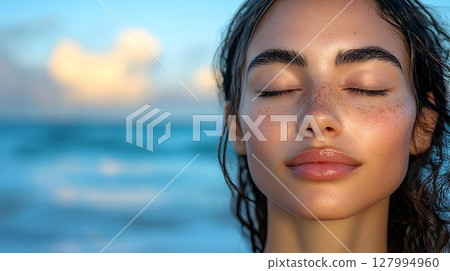 Serene woman at the beach eyes closed peaceful expression soft light ocean background 127994960
