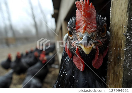 Closeup of black hen in coop detailed feathers intense gaze 127994961
