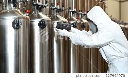 Industrial worker inspecting large metal tanks in a clean facility 127994970
