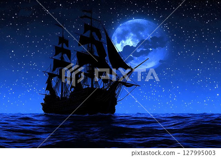 Sailing ship at night moonlit ocean starry sky 127995003