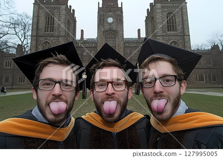 Playful graduates celebrate with tongues out in front of university building 127995005
