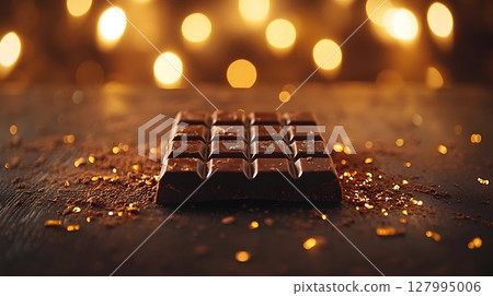 Dark chocolate bar with cocoa powder and golden sprinkles 127995006