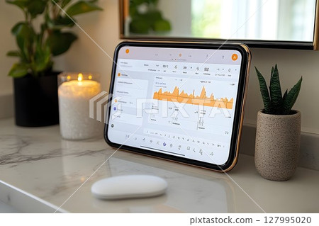Data visualization on tablet display modern interior setting 127995020