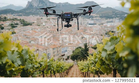 Drone flight over vineyard and town high resolution aerial photography 127995021