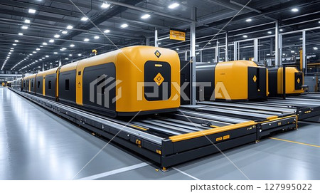 Automated manufacturing process yellow and black machines on conveyor belt in modern factory 127995022