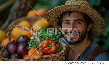 Smiling man holding basket of fresh fruits and vegetables 127995029