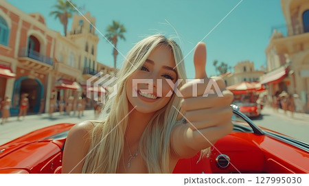 Smiling woman in red convertible gives thumbs up summer vacation concept 127995030