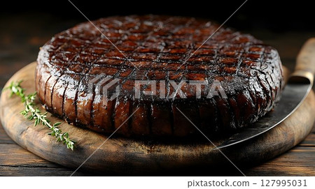 Large round meatloaf on wooden board culinary food photography 127995031