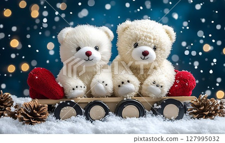 Adorable plush polar bears on a winter cart 127995032