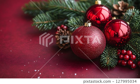 Red christmas baubles with pine branches on dark red background 127995034