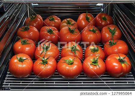 Red tomatoes on metal shelf closeup view food photography 127995064