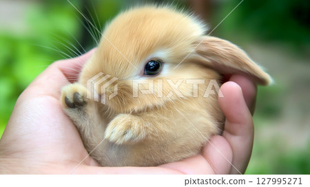 Adorable fluffy bunny resting gently in a human hand 127995271