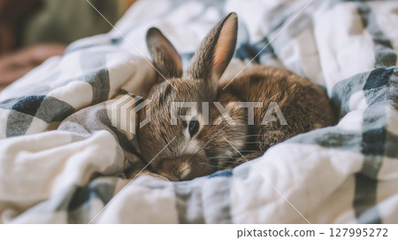 Soft brown rabbit snuggling in a cozy blanket Soft brown rabbit snuggling in a cozy blanket 127995272