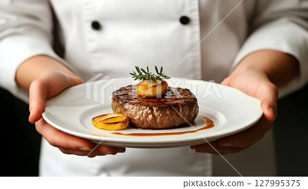 Chef presenting grilled steak with roasted fruit garnish 127995375