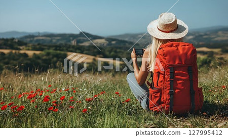 Woman traveler backpack scenic view summer adventure photography 127995412