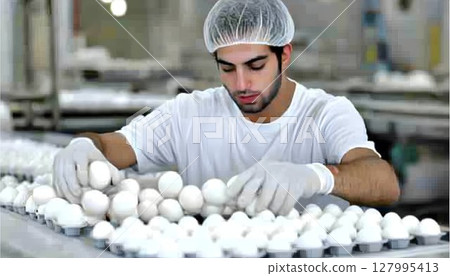 Food production worker sorting eggs on a conveyor belt 127995413