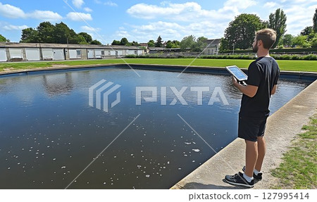 Man using tablet by calm water outdoors sunny day 127995414