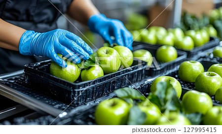 Green apples sorting and processing in food production facility Green apples sorting and processing in food production facility 127995415