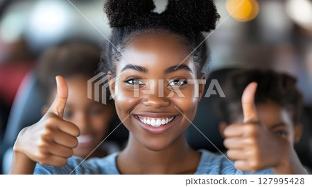 Happy family thumbs up diverse people showing approval Happy family thumbs up diverse people showing approval 127995428