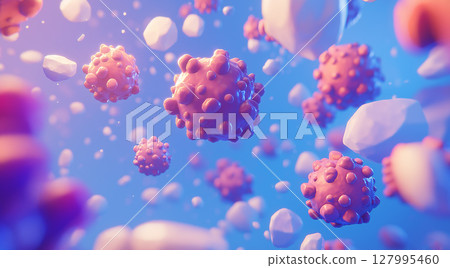 Molecular depiction of virus particles floating in a vibrant blue environment 127995460