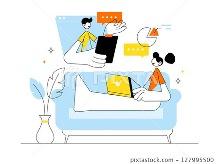 Remote Working Setup Vector Illustration Featuring a Balanced Work Life Environment with Flextime, Emphasizing Flexibility and Productivity from Home 127995500