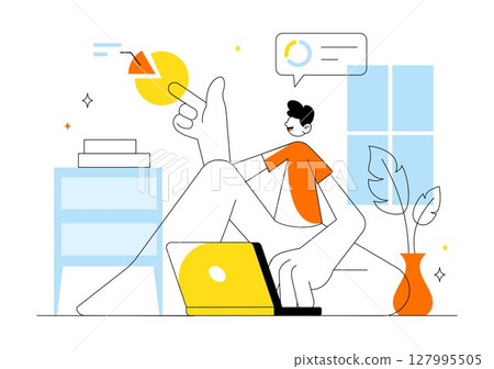 Remote Working Setup Vector Illustration Featuring a Balanced Work Life Environment with Flextime, Emphasizing Flexibility and Productivity from Home 127995505