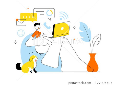 Remote Working Setup Vector Illustration Featuring a Balanced Work Life Environment with Flextime, Emphasizing Flexibility and Productivity from Home Remote Working Setup Vector Illustration Featuring a Balanced Work Life Environment with Flextime, Emphasizing Flexibility and Productivity from Home 127995507