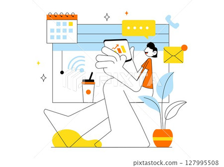 Remote Working Setup Vector Illustration Featuring a Balanced Work Life Environment with Flextime, Emphasizing Flexibility and Productivity from Home 127995508