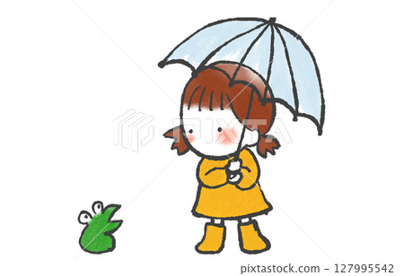 一個女孩在雨中凝視著一隻青蛙 一個女孩在雨中凝視著一隻青蛙 127995542