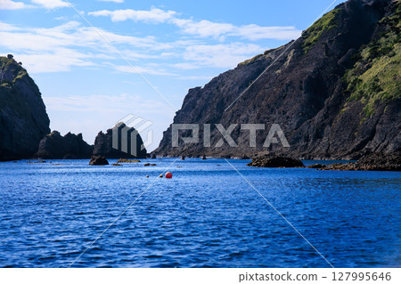 Skin divers and snorkelers depart on the Hirizohama ferry. The blue ocean, the uninhabited Daikon Island, and the reefs are visible. 127995646