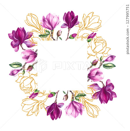 Watercolor bouquet magnolia and gold decorative illustration Watercolor bouquet magnolia and gold decorative illustration 127995751