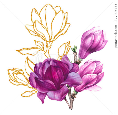Watercolor bouquet magnolia and gold decorative illustration Watercolor bouquet magnolia and gold decorative illustration 127995753