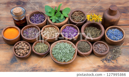 Traditional herbal remedies and spices in wooden bowls on rustic table 127995866