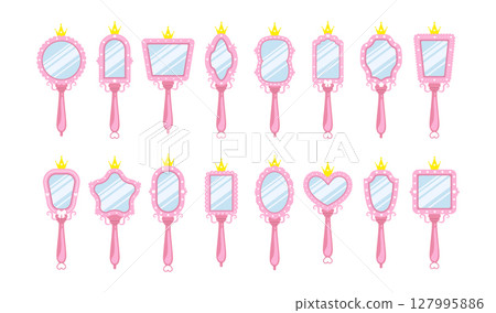 Princess mirror. Set of Small mirrors with pink borders and gold crowns. Cute vintage element for birthday party decoration. Vector illustration in flat cartoon style Princess mirror. Set of Small mirrors with pink borders and gold crowns. Cute vintage element for birthday party decoration. Vector illustration in flat cartoon style 127995886