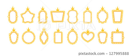 Princess mirrors and frames. Different shapes for invitation, postcards and flyers. Cute vintage element for birthday party decoration. Vector illustration in flat cartoon style Princess mirrors and frames. Different shapes for invitation, postcards and flyers. Cute vintage element for birthday party decoration. Vector illustration in flat cartoon style 127995888