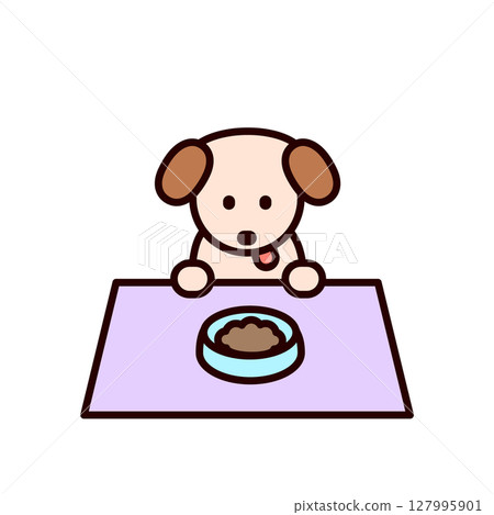 一隻狗盯著桌子上的食物的簡單可愛的插圖 一隻狗盯著桌子上的食物的簡單可愛的插圖 127995901