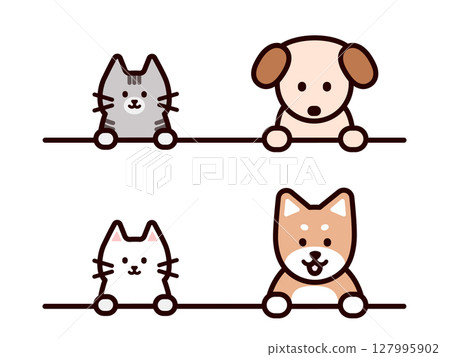 簡單可愛的狗和貓偷看線條素材 127995902
