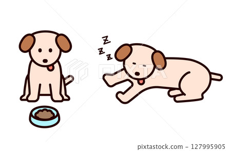 一隻等待的狗和一隻睡覺的狗的簡單可愛的插圖 一隻等待的狗和一隻睡覺的狗的簡單可愛的插圖 127995905