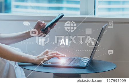 Business scene, digital workflow using generative AI, cloud, digital transformation, digital network image 127995909