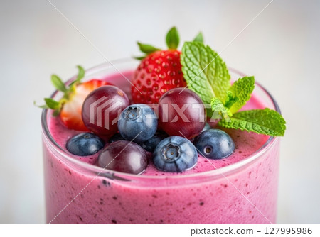 glass of smoothies and fresh berries 127995986