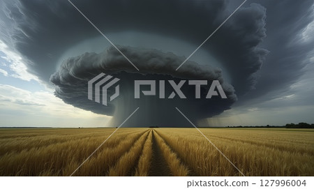 Supercell thunderstorm unleashes intense rainfall over a vast wheat field 127996004