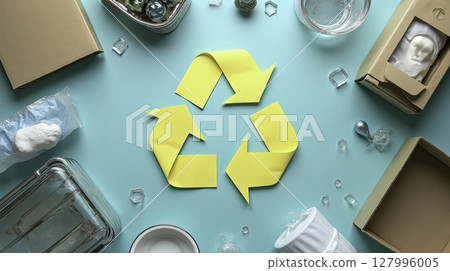 Yellow recycling symbol surrounded by various recyclable items Yellow recycling symbol surrounded by various recyclable items 127996005