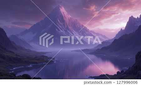 Snow-covered mountain at sunrise with vibrant pink 127996006