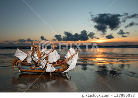 Sunset Model Sail Ship Wreck Sunset Model Sail Ship Wreck 127996058