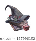 Witch's magical book with hat, roses, red wax candle isolated on white. Watercolor hand drawn dark fantasy sketch illustration. Art design mystical halloween witch decoration greeting card 127996152