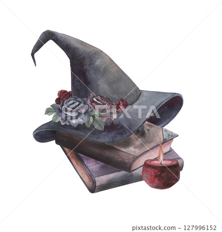 Witch's magical book with hat, roses, red wax candle isolated on white. Watercolor hand drawn dark fantasy sketch illustration. Art design mystical halloween witch decoration greeting card 127996152