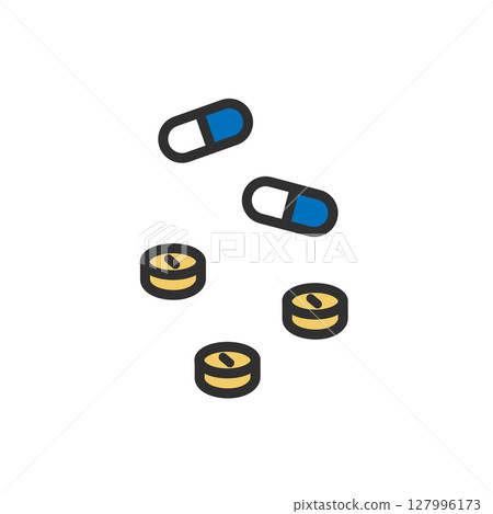 Illustrations of tablets, capsules, oral medications, and oral medications 127996173