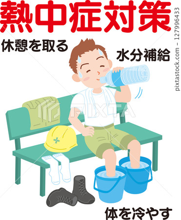 預防中暑_如何休息_男子一邊喝瓶裝水一邊用水桶給腳降溫_帶文字 預防中暑_如何休息_男子一邊喝瓶裝水一邊用水桶給腳降溫_帶文字 127996433
