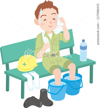 預防中暑_如何休息_一名身穿工作服的男子一邊擦汗一邊用水桶給腳降溫的插圖 預防中暑_如何休息_一名身穿工作服的男子一邊擦汗一邊用水桶給腳降溫的插圖 127996435