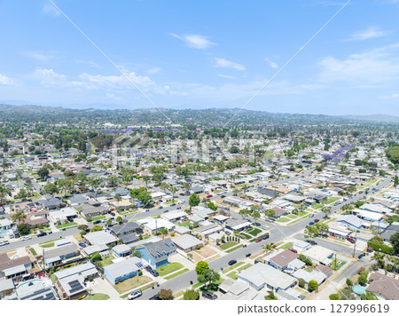 Day time aerial view of the Uptown area of Whittier, California. 127996619